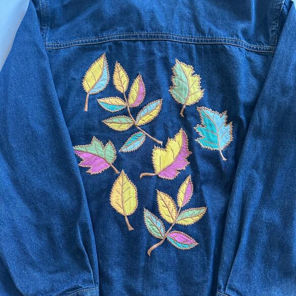 90s Y2K Denim Jacket Silver Threads Embroidered Leaf Jean Coat Women’s L Fall - Picture 7 of 15